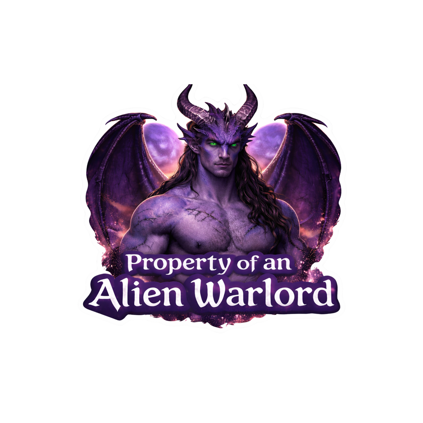 Alien warrior with purple skin and wings, text 'Property of an Alien Warlord' on a white background