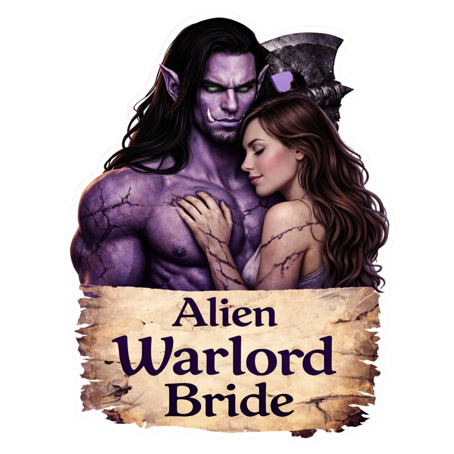 Urr’ki alien warlord holding his human bride, purple alien romance couple sticker