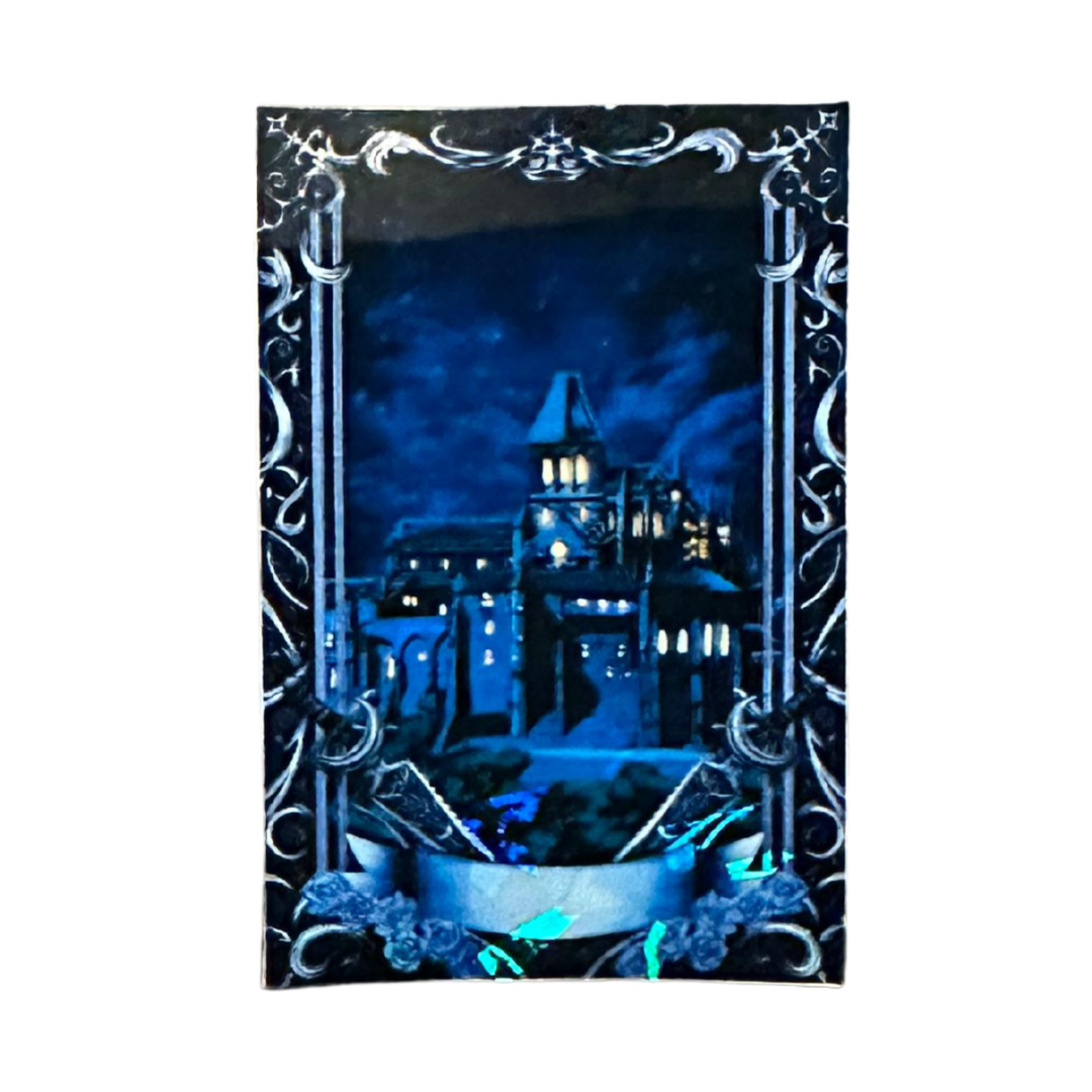 Gothic-style castle at night with decorative border