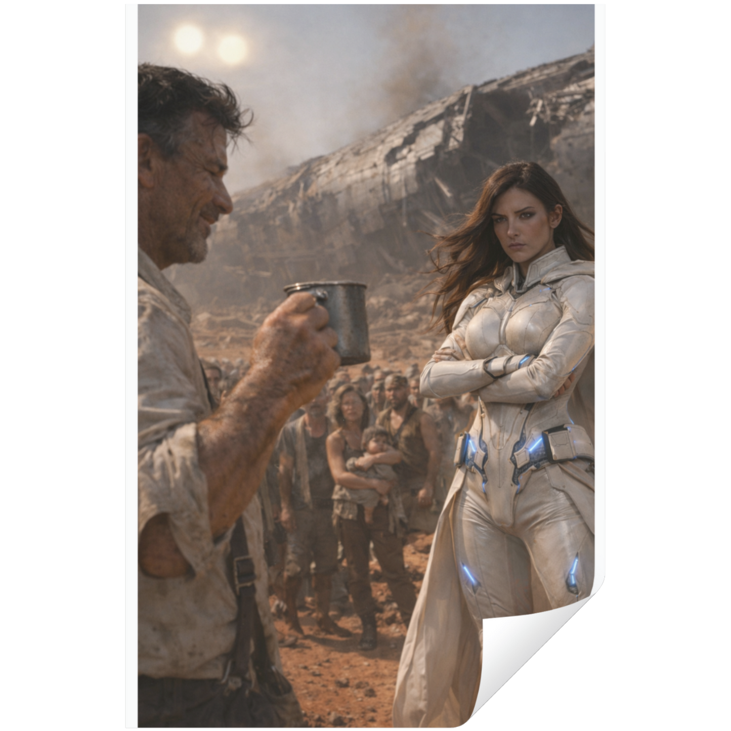 Man in a rugged outfit holding a cup next to a woman in a futuristic suit with a desert landscape and other people in the background.