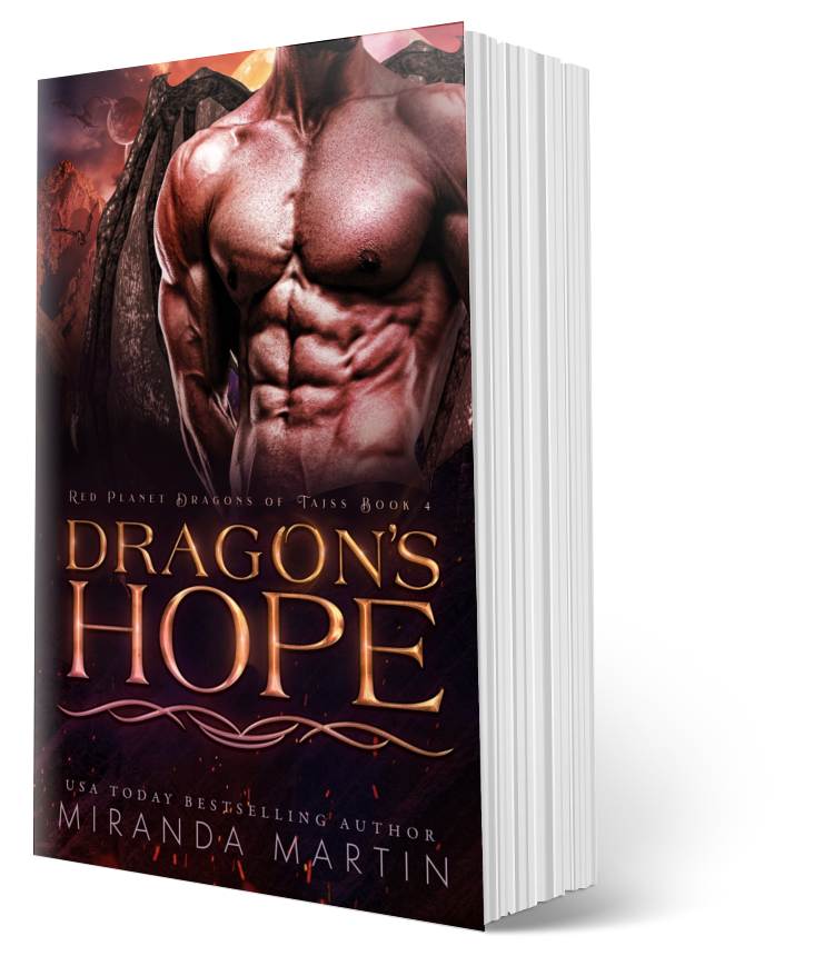 This image features the captivating cover of "Dragon's Hope" by Miranda Martin, a paperback that promises to transport readers into a thrilling sci-fi romance genre. The cover vividly depicts a muscular, winged figure with a scaly texture, suggestive of the dragon-men mentioned in the book's description.