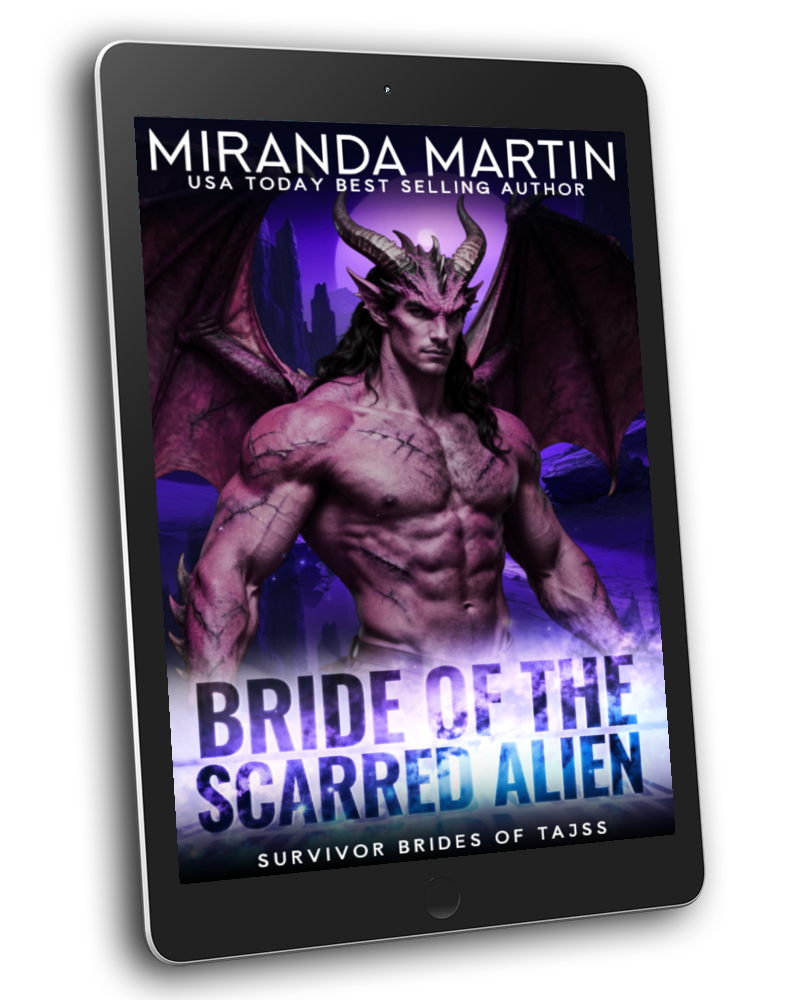 Ebook cover of Bride of the Scarred Alien by Miranda Martin featuring a muscular horned alien.