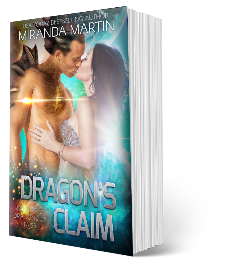Book titled 'Dragon's Claim' by Miranda Martin with a fantasy cover featuring a dragon and a woman.