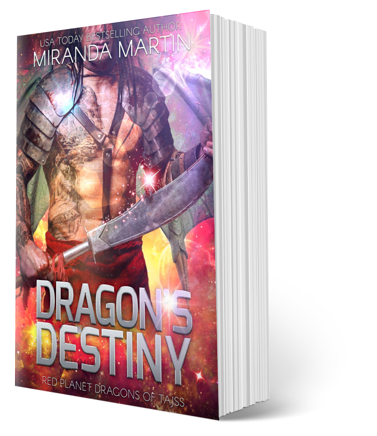 Book cover of 'Dragon's Destiny' by Miranda Martin with a warrior holding a sword against a fiery background.
