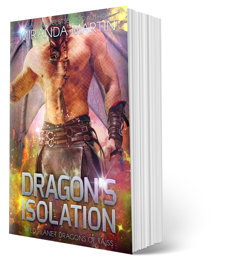 Book cover of 'Dragon's Isolation' by Miranda Martin with a dragon and warrior design.