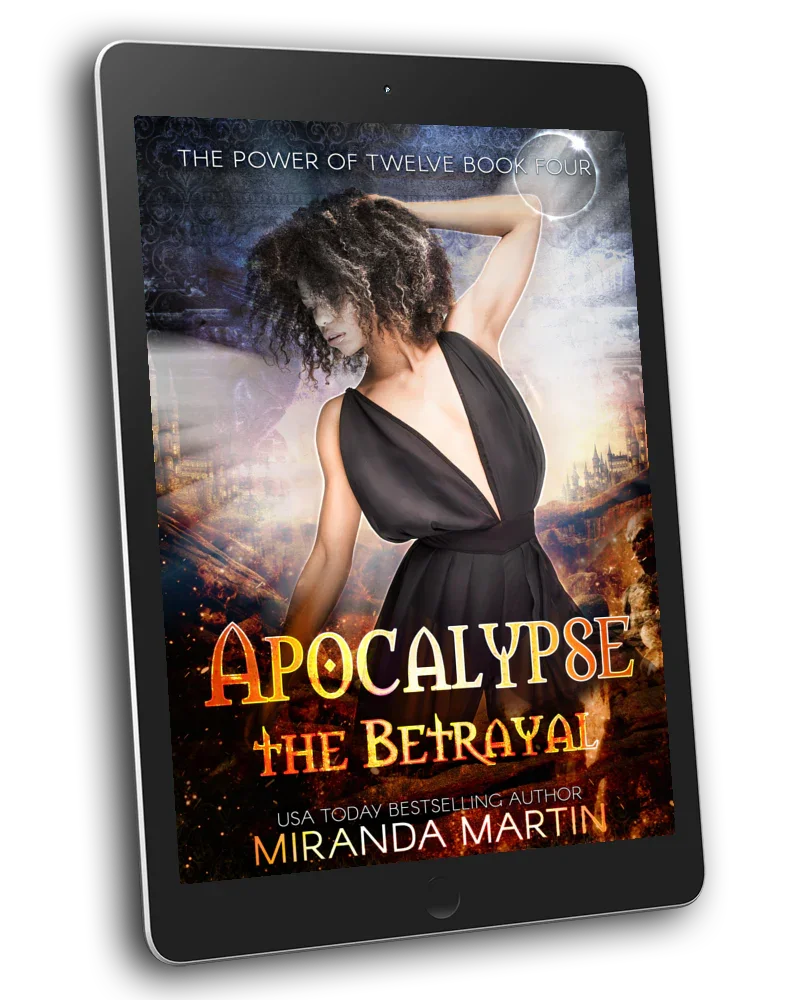 E-book cover of 'Apocalypse: The Betrayal' featuring a woman with a serious expression, surrounded by a dark, stormy background with lightning. The title and author's name are prominently displayed.