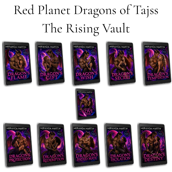 A collage of multiple boxed card games by Miranda Martin titled Dragon's Flame, Dragon's Gift, Dragon's Secret, Dragon's Temptation, Love, Dragon's Redemption, Dragon's Fate, Dragon's Isolation, and Dragon's Destiny, arranged on a white background under the text 'Red Planet Dragons of Tajss The Rising Vault.'.