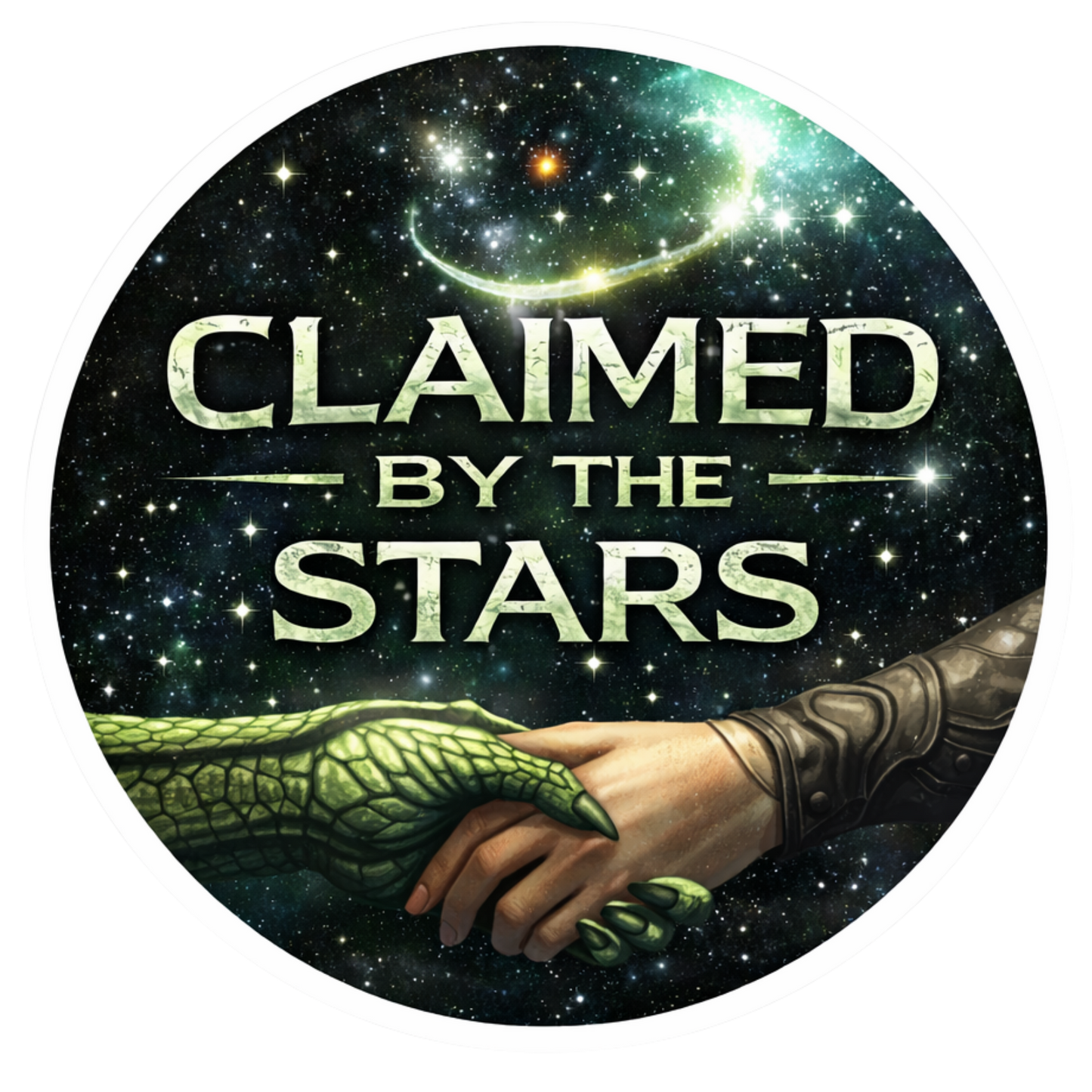 Circular logo with 'Claimed by the Stars' text and a hand and dragon scale design against a starry background.