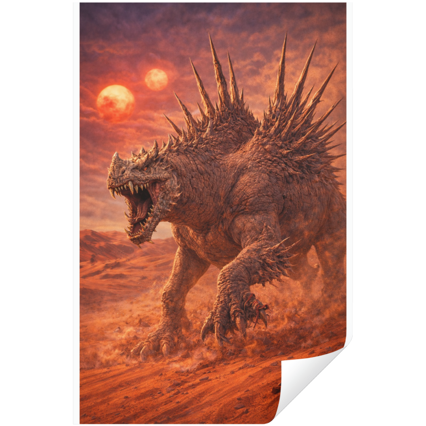 Monster with spikes on a desert landscape with a red sky