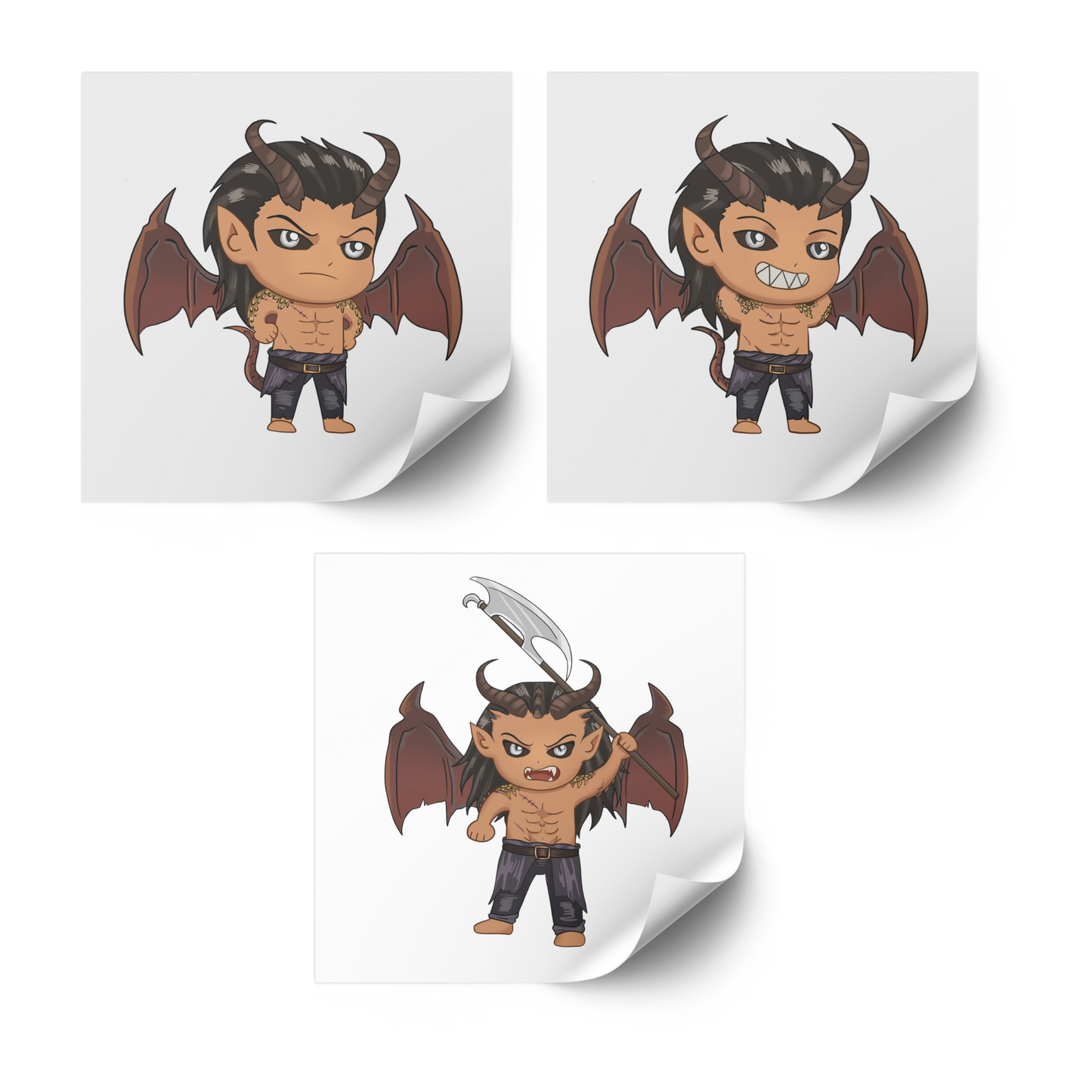 Three cartoon alien warrior character stickers on white backgrounds