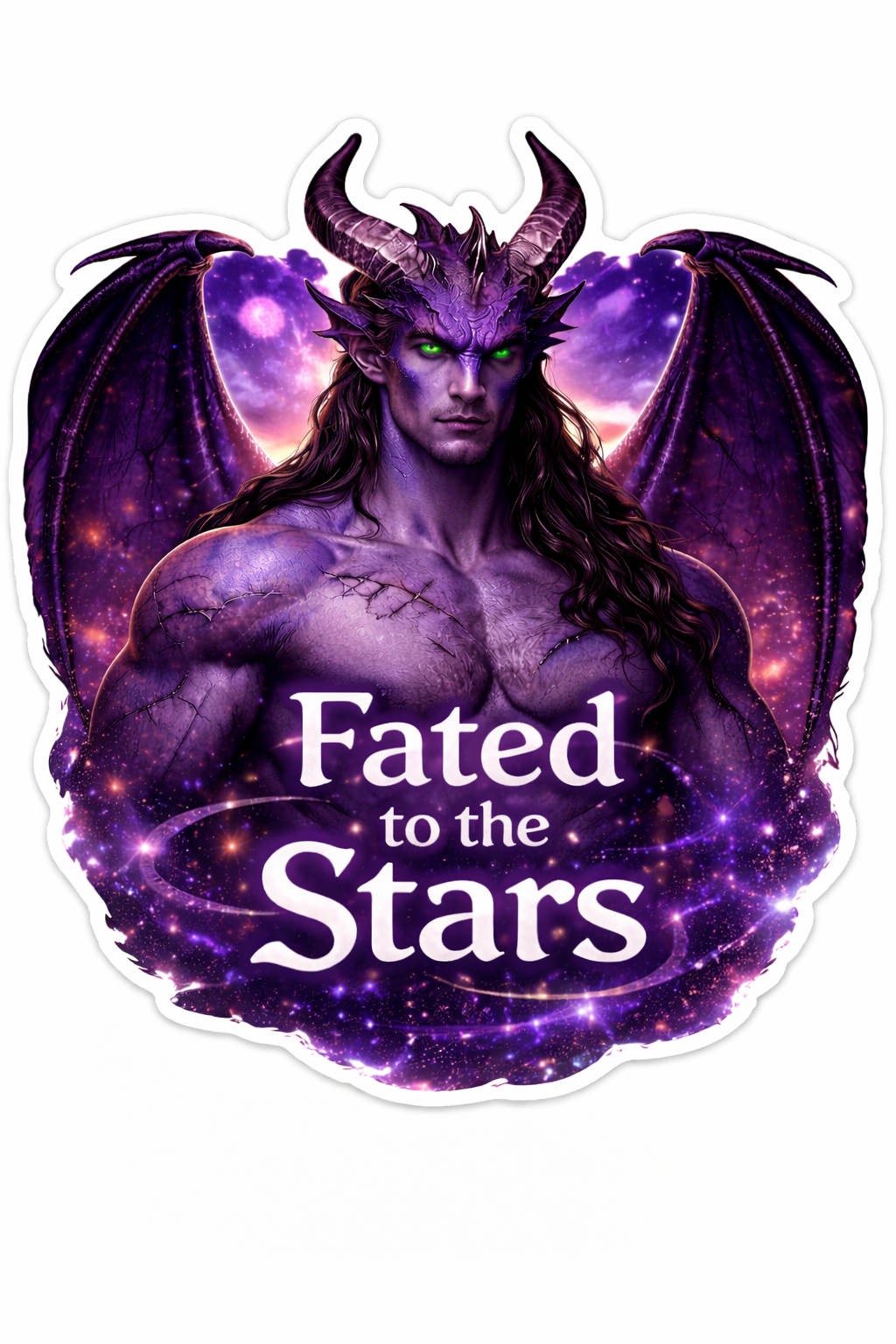 3-inch Fated to the Stars vinyl sticker featuring a purple alien warrior with wings and horns against a starry galaxy background