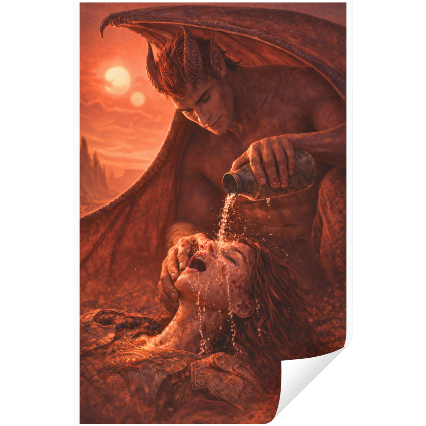 Surreal artwork of a winged creature pouring liquid over a person's head, with a desert landscape in the background.