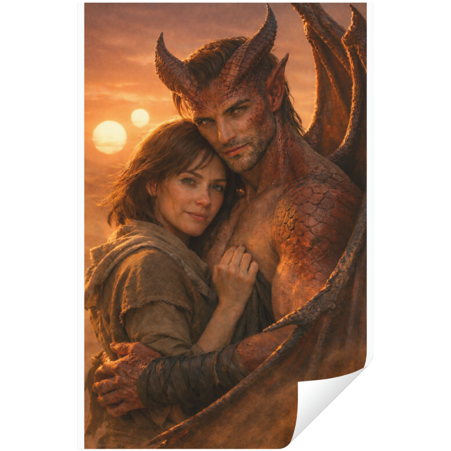 Man with dragon-like features embracing a woman against a sunset sky.