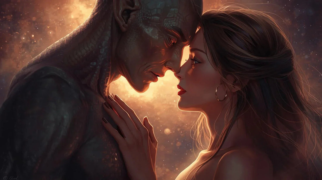 A sci-fi fantasy romance illustration of an alien warrior and a human woman in a close embrace.