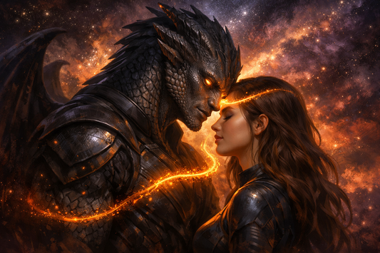 Fantasy romance book cover art featuring a dragon shifter and a woman amidst a cosmic nebula.