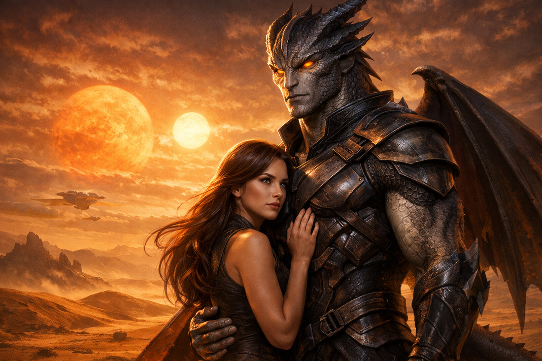 Dragon shifter warrior in armor embracing a woman against a sunset with two moons.