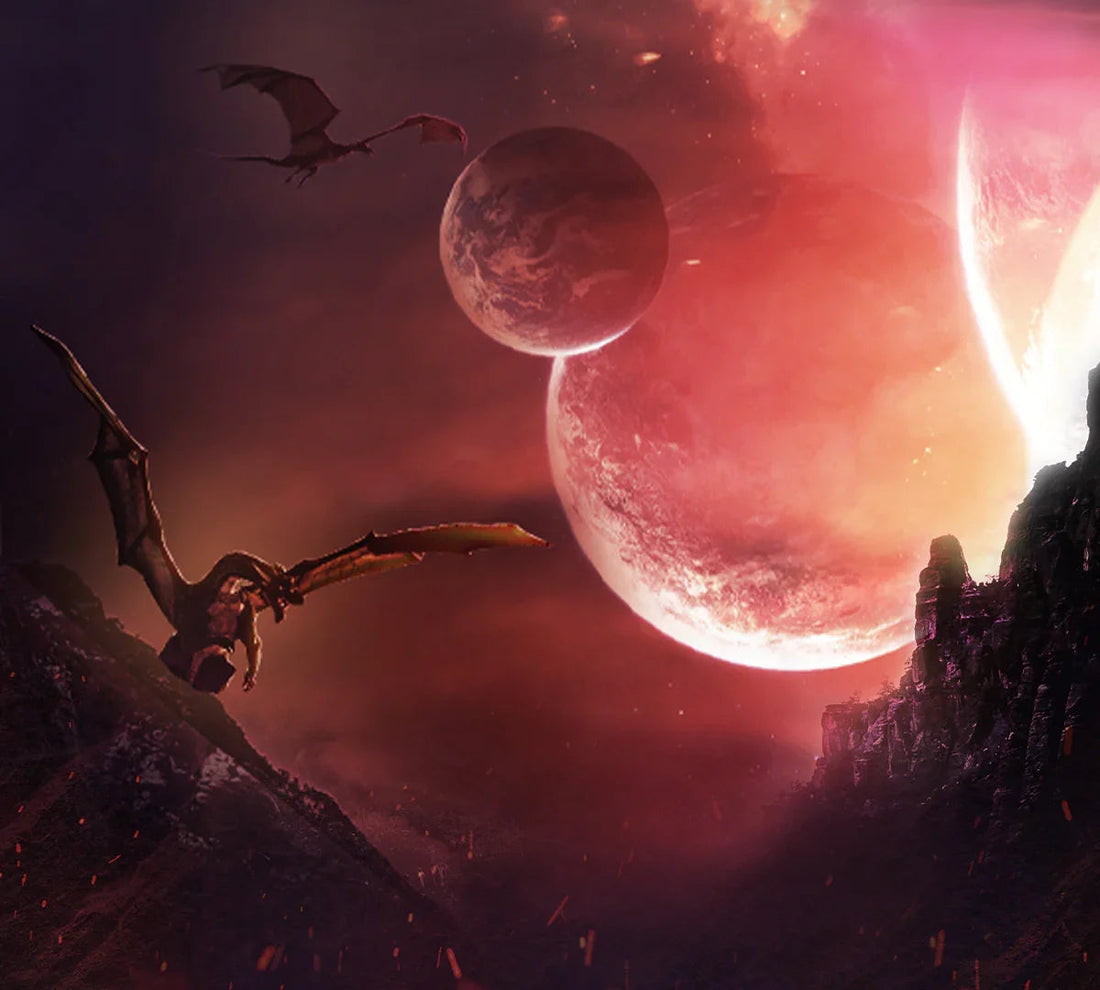 Fantasy dragon shifters flying through a cosmic landscape with glowing planets and moons.