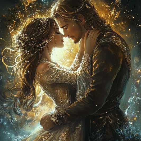 Fantasy romance book cover art featuring a couple embracing in a magical golden glow.