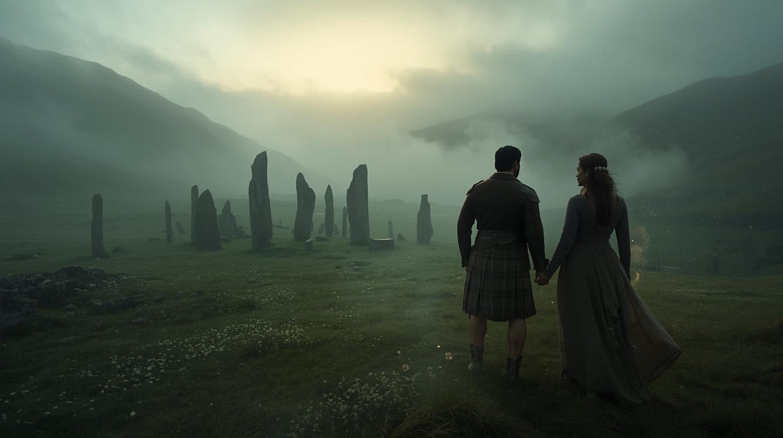 A romantic fantasy couple walking through a misty landscape with ancient standing stones at twilight.
