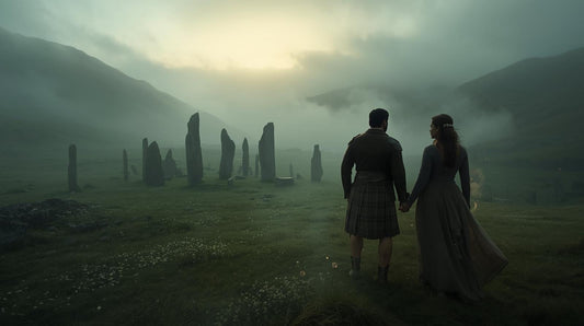 A romantic fantasy couple walking through a misty landscape with ancient standing stones at twilight.