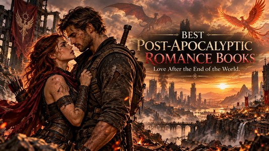 Post-apocalyptic romance couple standing amid a ruined city at sunset, with dragons and a fiery phoenix flying above the devastated landscape.