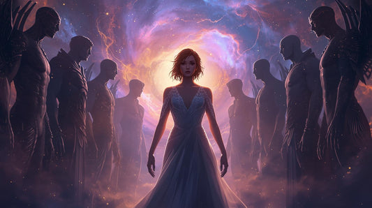 A fantasy heroine in a white gown standing before a cosmic nebula surrounded by silhouetted alien warriors.