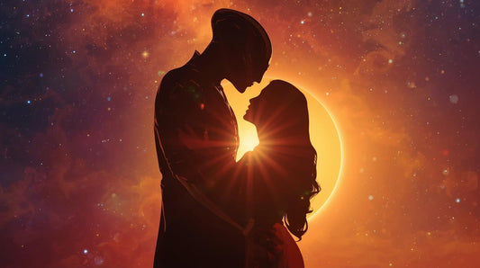 Silhouette of a romantic couple embracing against a glowing sun in a cosmic sci-fi galaxy.