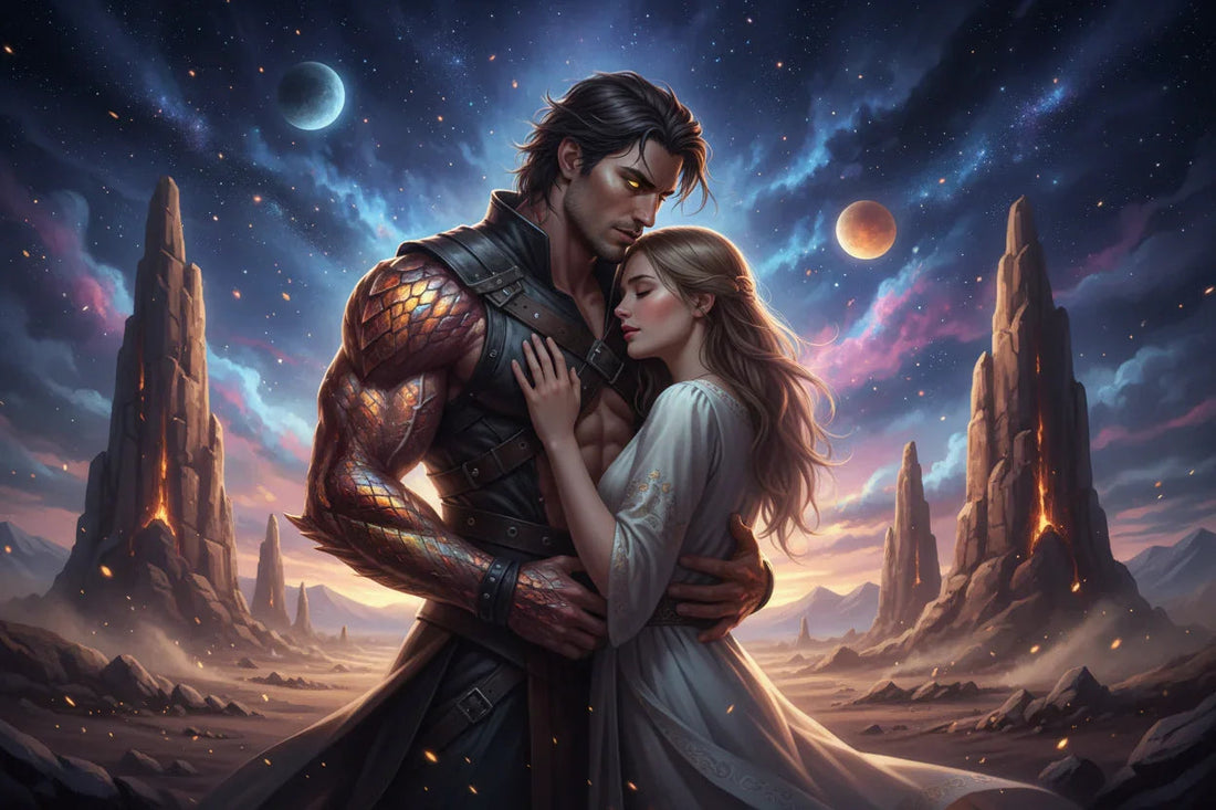 Fantasy romance book cover art of a muscular warrior and woman embracing under a starry sky.