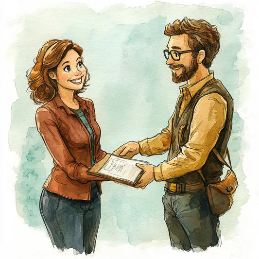 Watercolor illustration of a smiling woman receiving a book from a man with glasses.