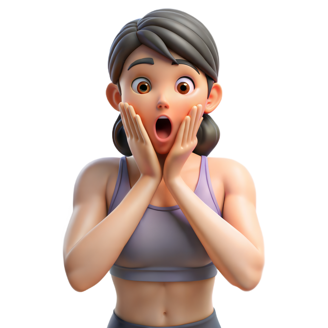 3D cartoon woman with a shocked facial expression and hands on her cheeks.
