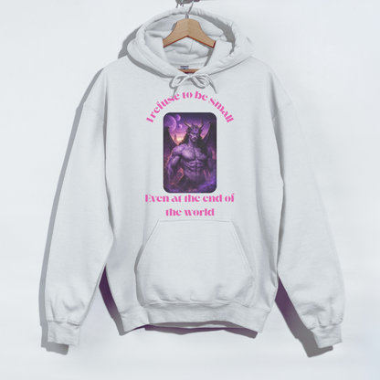 White hoodie with graphic design and text on a white background