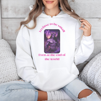Person wearing a white hoodie with graphic design and text