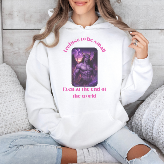 Person wearing a white hoodie with graphic design and text