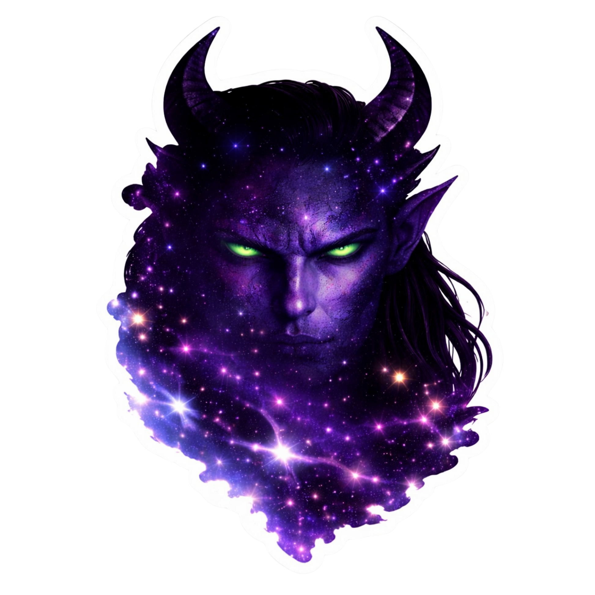 Horned alien warrior face with glowing green eyes and purple galaxy stars, sci-fi romance sticker