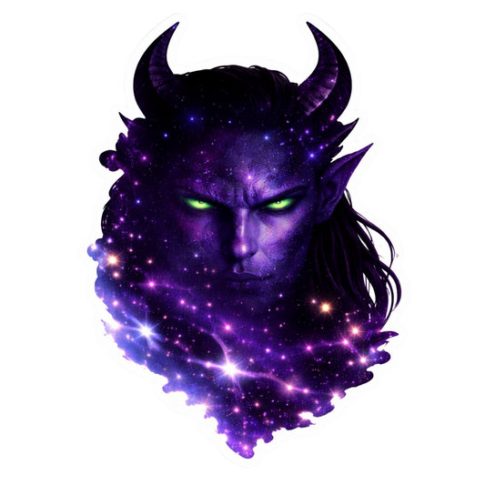 Horned alien warrior face with glowing green eyes and purple galaxy stars, sci-fi romance sticker