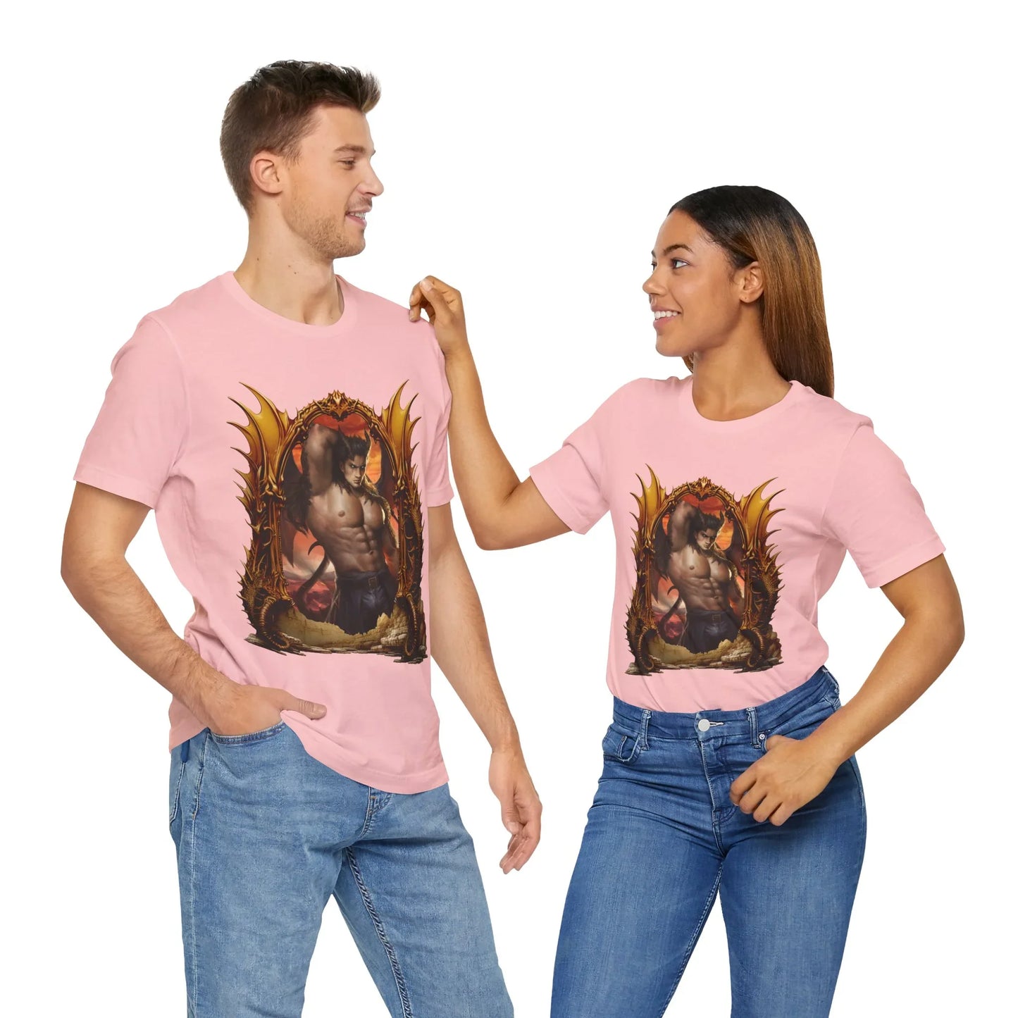 A male and a female model wearing pink crew neck t-shirts with 'Zmaj Warrior' book title and artwork on the front.