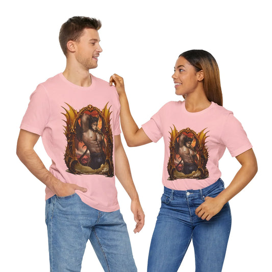 A male and a female model wearing pink crew neck t-shirts with 'Zmaj Warrior' book title and artwork on the front.
