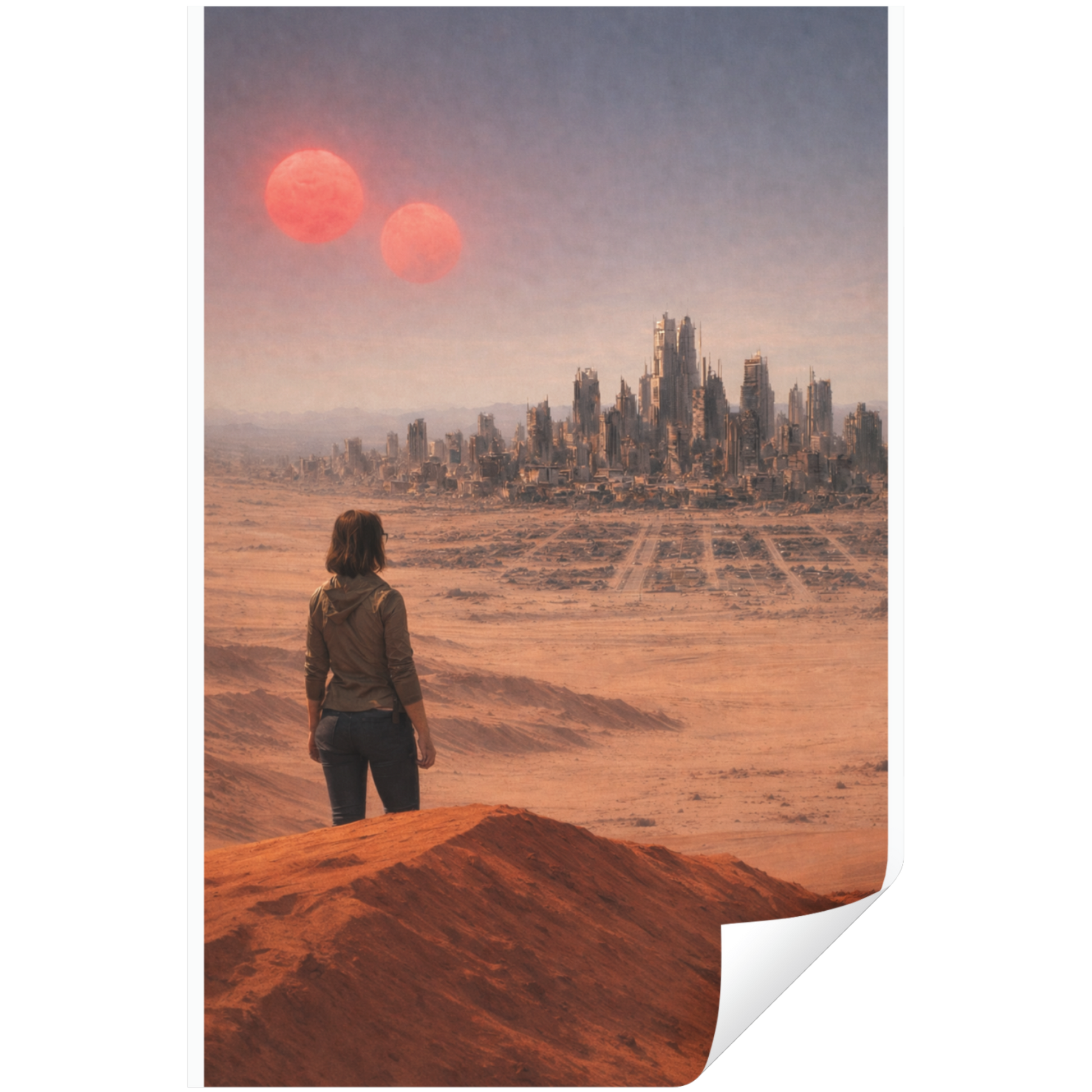 Person standing on a barren landscape with a futuristic city and two red suns in the sky.