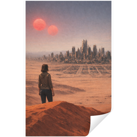 Person standing on a barren landscape with a futuristic city and two red suns in the sky.