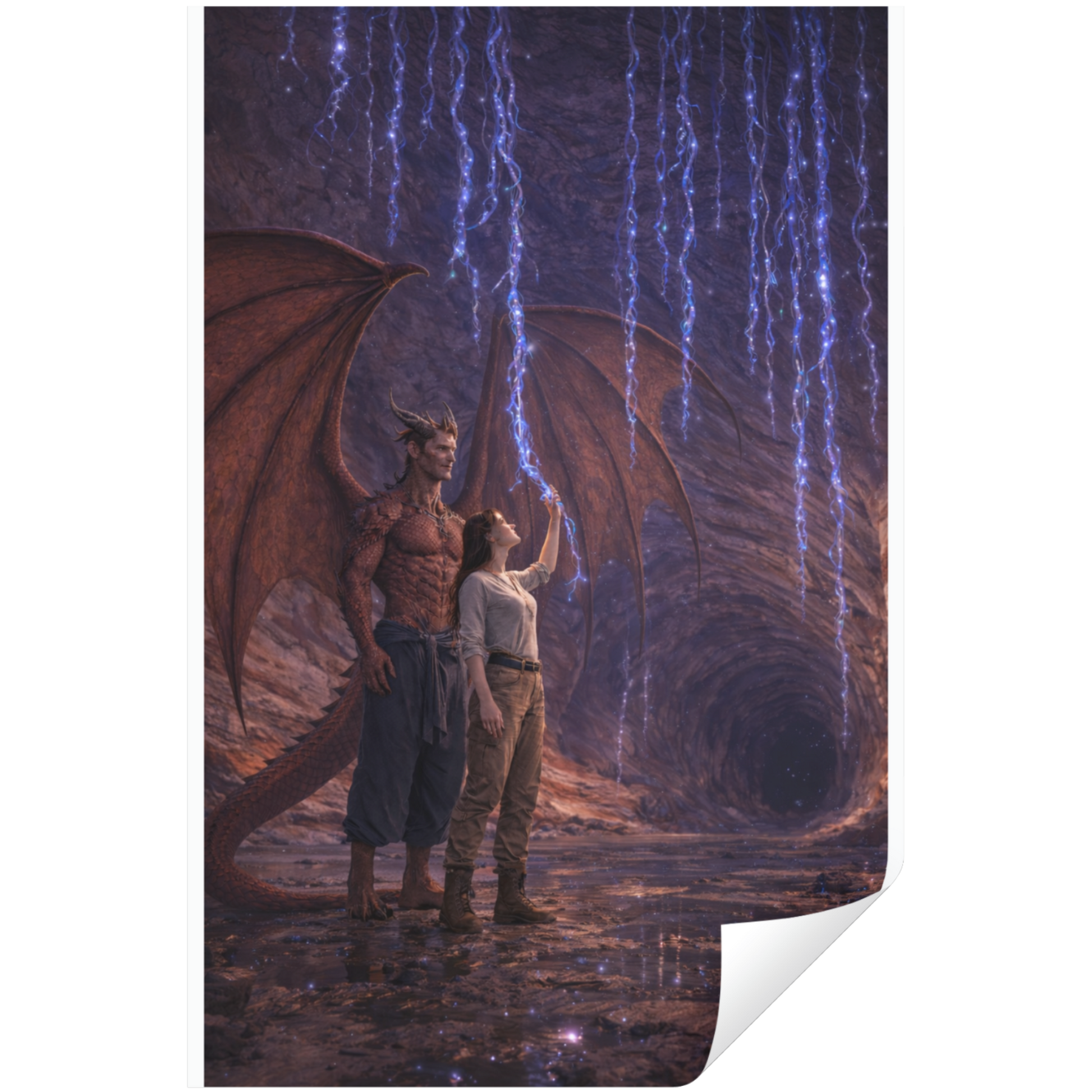 Illustration of a person and a dragon-like creature in a fantasy setting with lightning.
