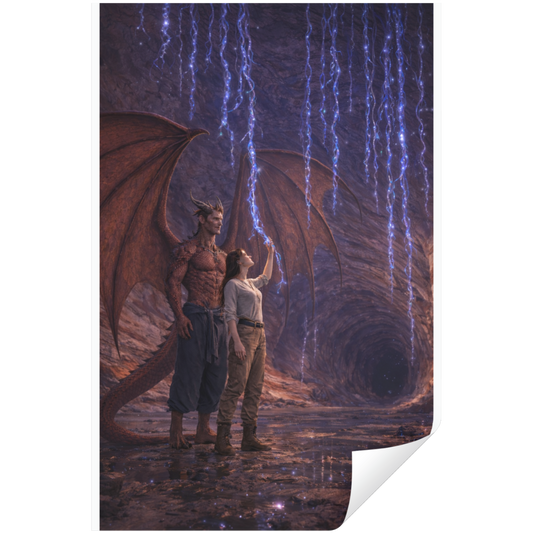 Illustration of a person and a dragon-like creature in a fantasy setting with lightning.
