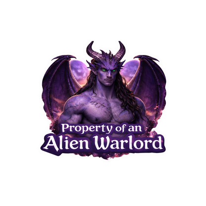 Alien warrior with purple skin and wings, text 'Property of an Alien Warlord' on a white background