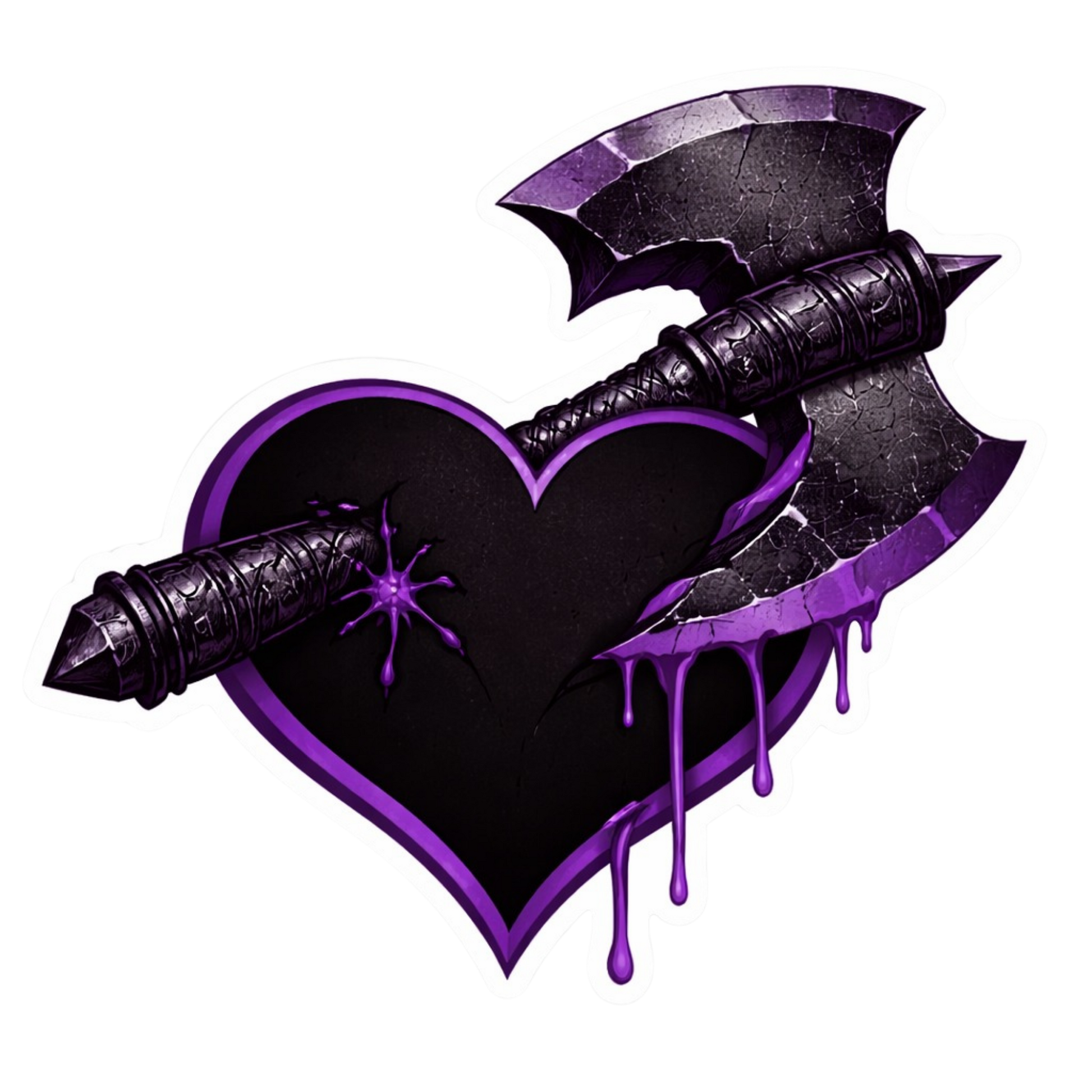 Black heart pierced by a purple alien war axe with dripping cosmic energy, dark sci-fi romance sticker