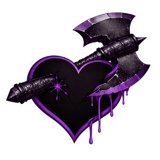 Black heart pierced by a purple alien war axe with dripping cosmic energy, dark sci-fi romance sticker