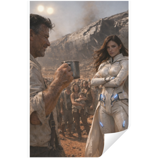 Man in a rugged outfit holding a cup next to a woman in a futuristic suit with a desert landscape and other people in the background.