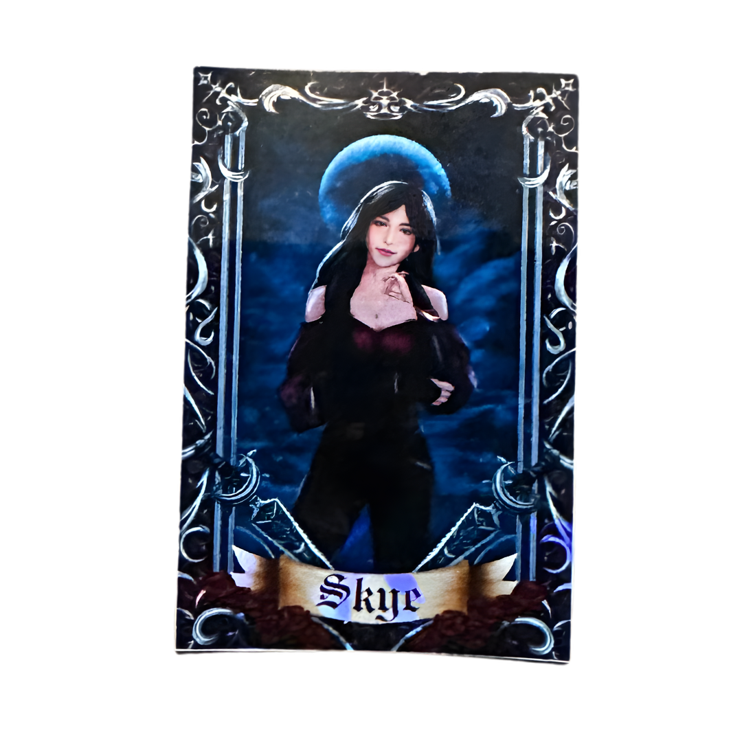 Card featuring a character with a blue aura and dark clothing, framed by decorative elements on a white background.