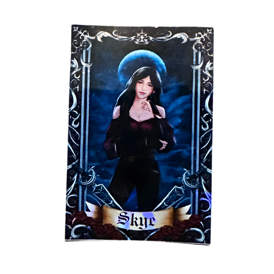 Card featuring a character with a blue aura and dark clothing, framed by decorative elements on a white background.