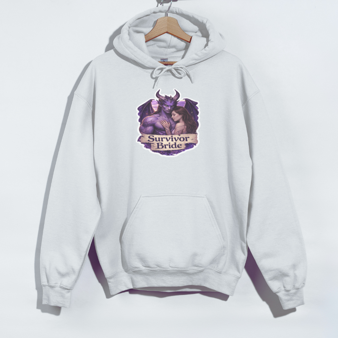 White hoodie with graphic design on a white background