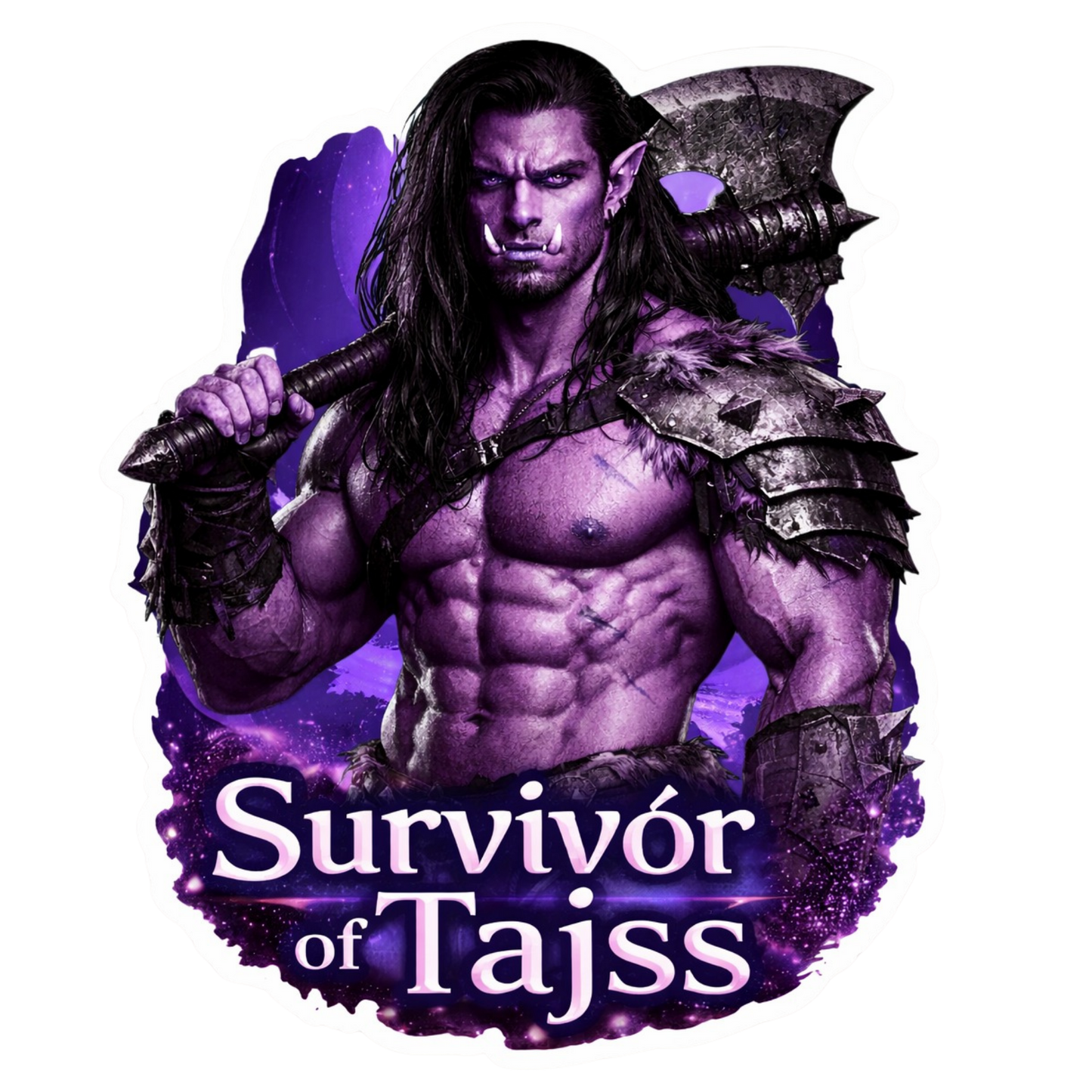 Survivor of Tajss alien warrior vinyl sticker with purple skin and battle axe