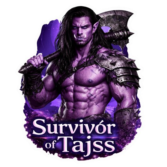 Survivor of Tajss alien warrior vinyl sticker with purple skin and battle axe